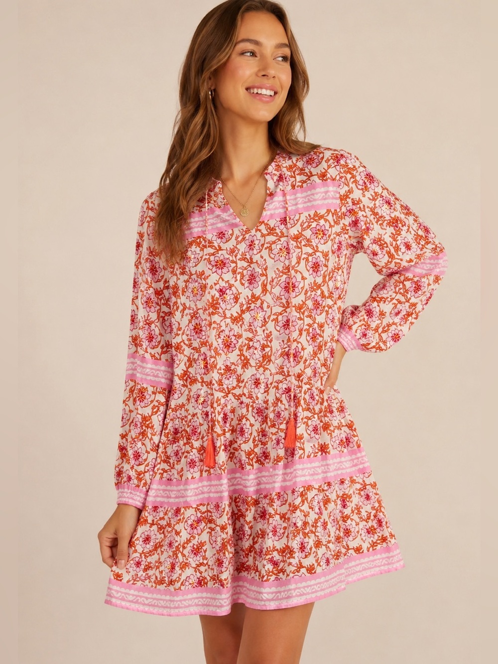 Bindu Pink Orange Floral Block Print Tassel Tiered Mini Dress Boho Medium